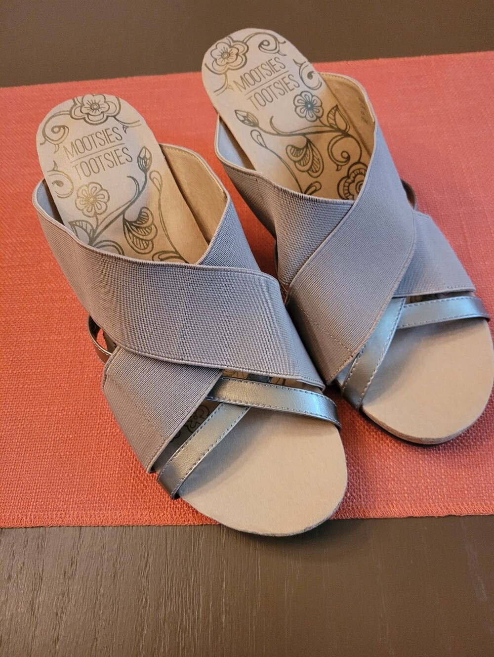 Mootsies Tootsies Taupe Elastic Crossover Wedge Mules